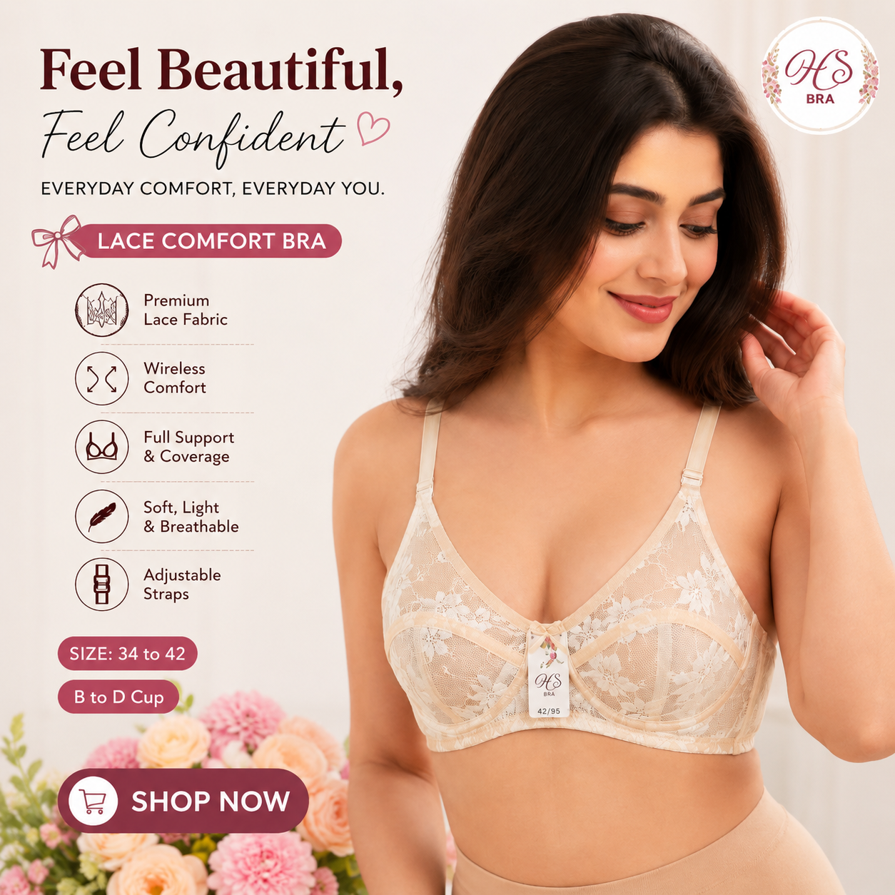 Premium Lace Comfort Bra – Wireless Full Support & Breathable Everyday Bra