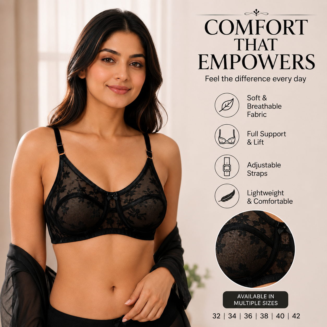 Premium Lace Comfort Bra – Wireless Full Support & Breathable Everyday Bra