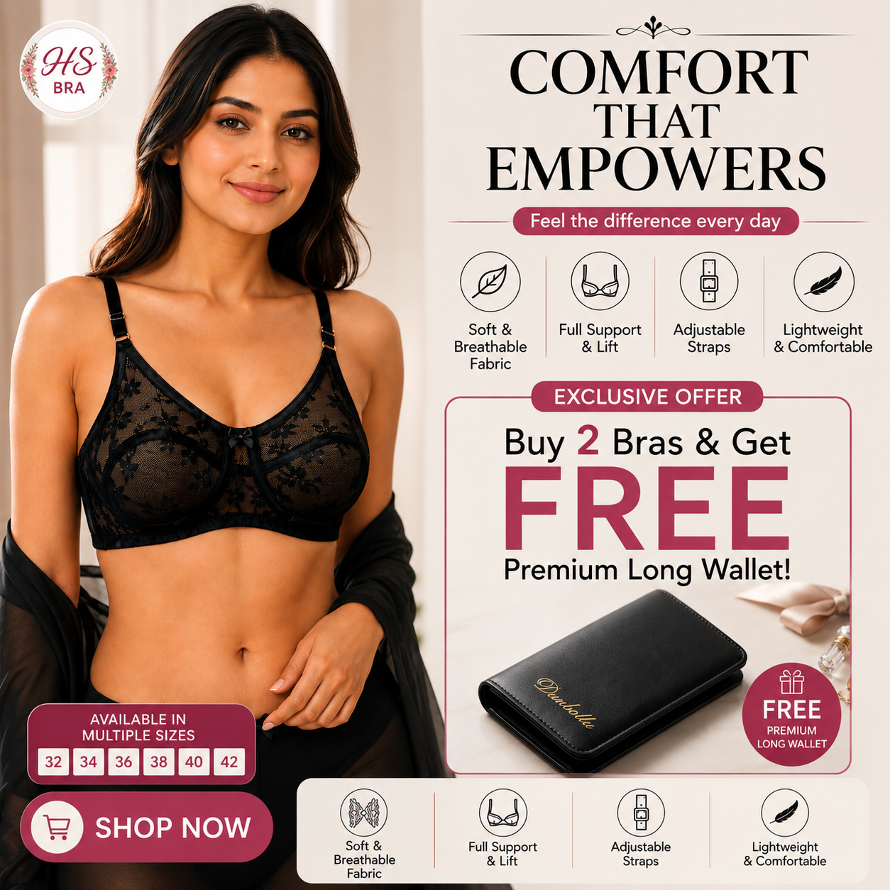 Premium Lace Comfort Bra (Buy 2 Get 1 FREE Long Wallet Offer)